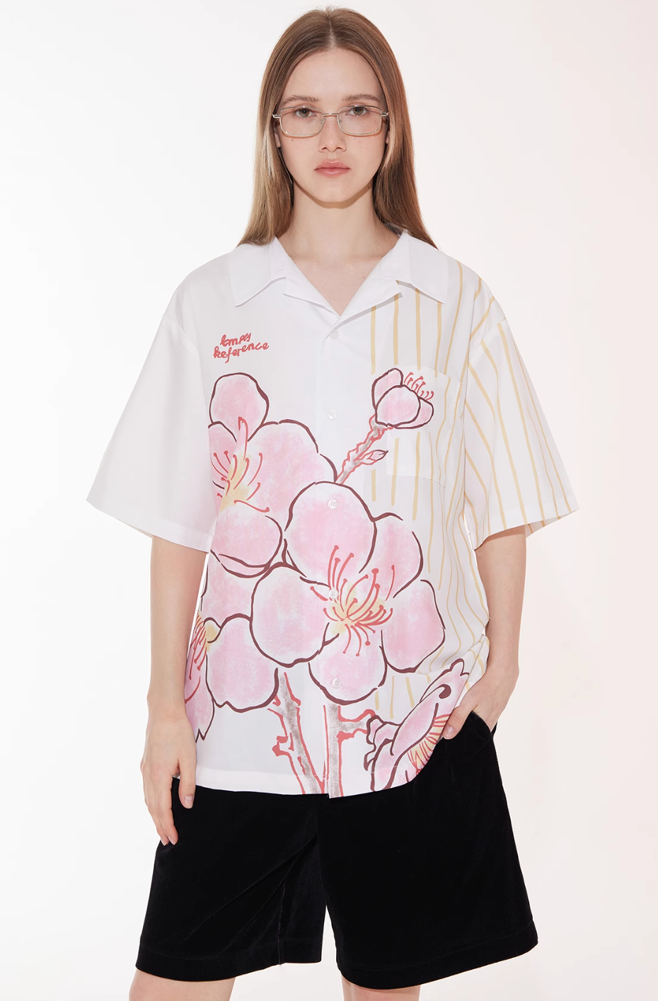 EMPTY REFERENCE Striped Floral Print Short Sleeve Shirt