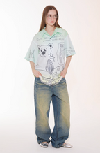 EMPTY REFERENCE Hand Painted Bear Print Gradient Short Sleeve Shirt