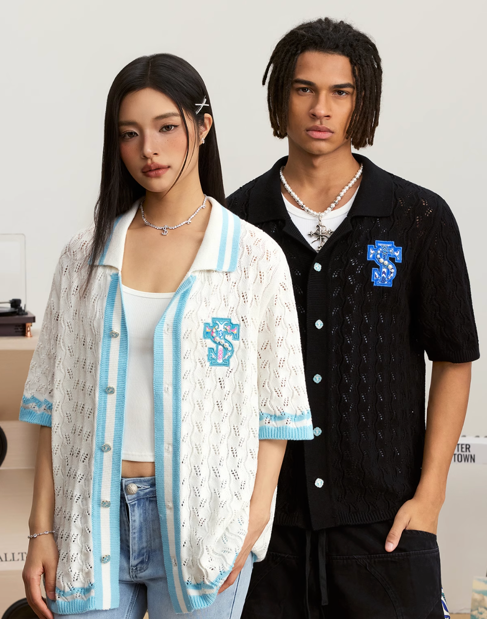 Small Town Kid Ethnic Logo Patch Crochet Knit Hawaiian Shirt