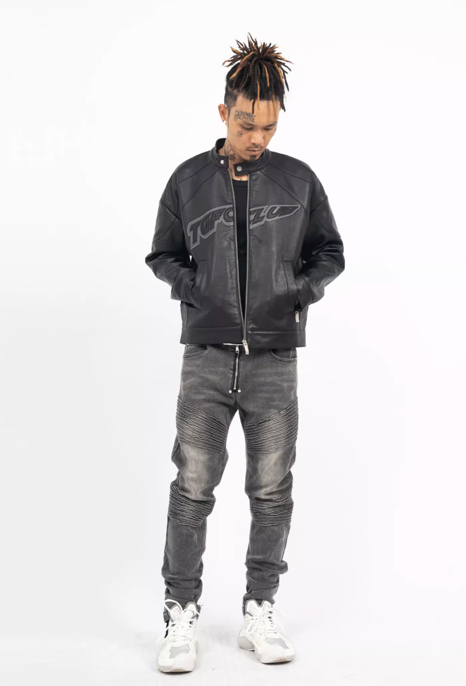 TGFCLUB Logo Embroidered Racing Leather Jacket