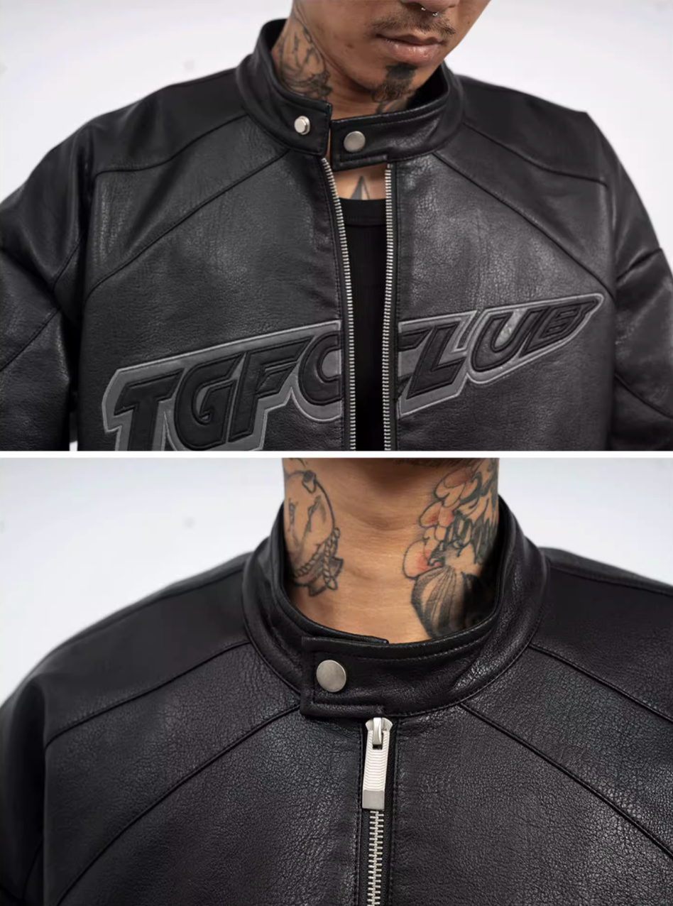 TGFCLUB Logo Embroidered Racing Leather Jacket