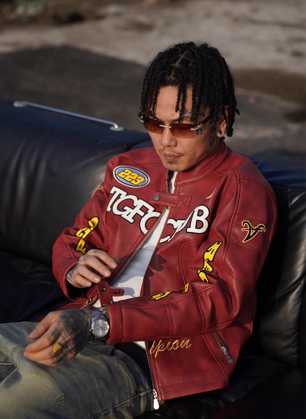 TGFCLUB Heavy Embroidery Racing Leather Jacket