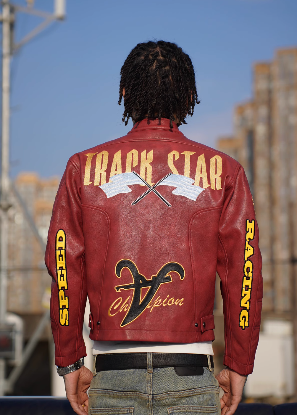 TGFCLUB Heavy Embroidery Racing Leather Jacket