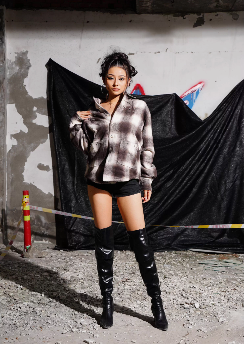 TGFCLUB Plaid Embroidered Rhinestone Long Sleeve Shirt