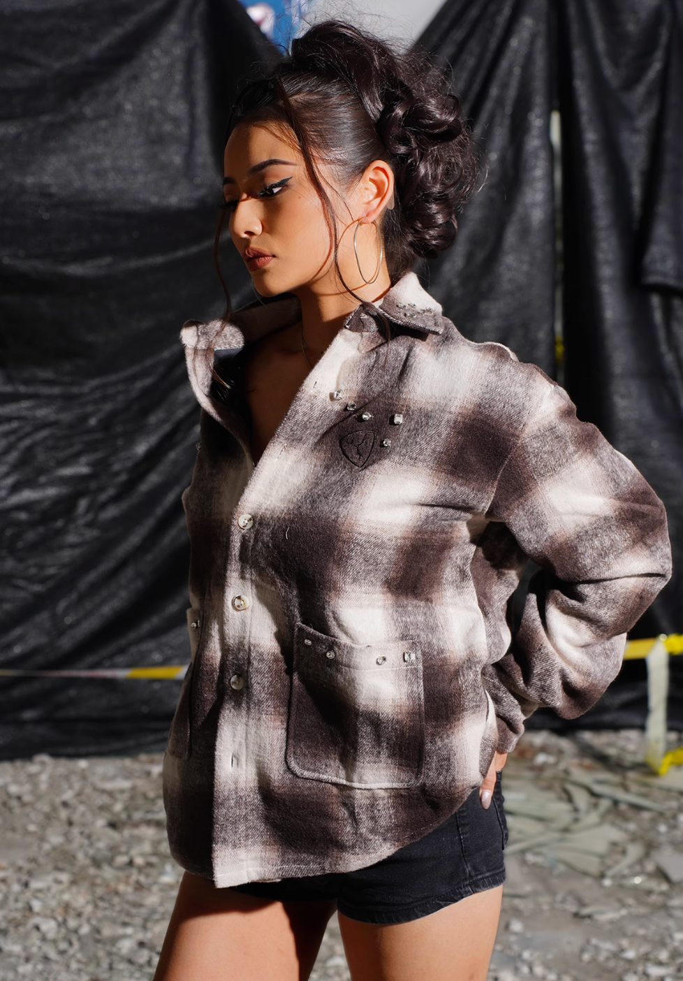 TGFCLUB Plaid Embroidered Rhinestone Long Sleeve Shirt