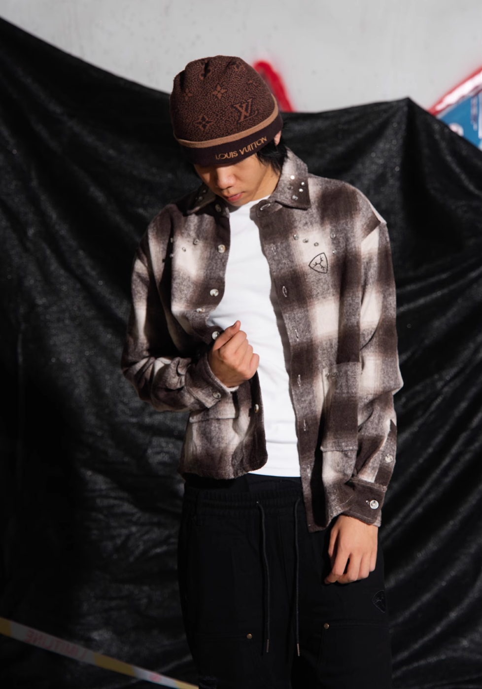 TGFCLUB Plaid Embroidered Rhinestone Long Sleeve Shirt