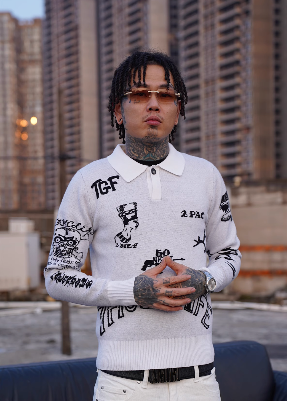 TGFCLUB 2PAC Tattoo Slim Fit Polo Knit Sweater