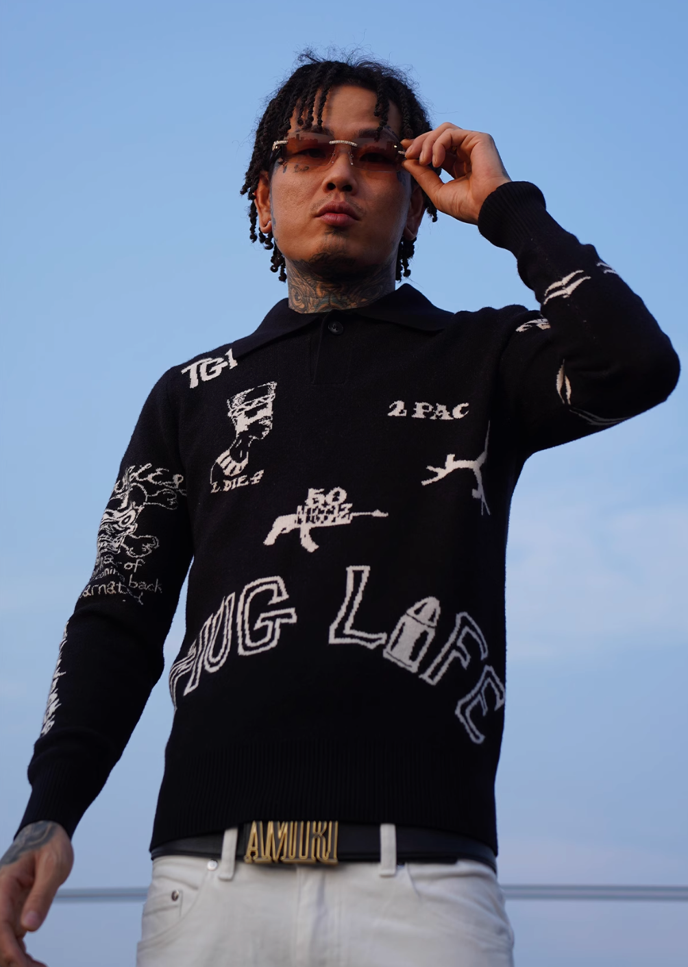 TGFCLUB 2PAC Tattoo Slim Fit Polo Knit Sweater