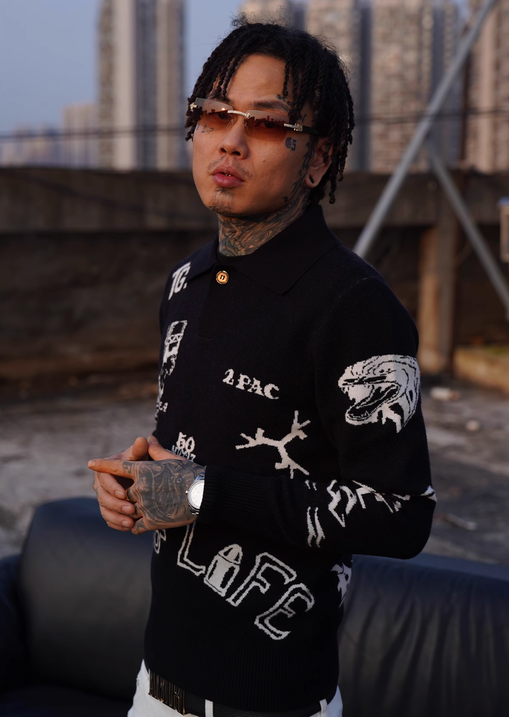 TGFCLUB 2PAC Tattoo Slim Fit Polo Knit Sweater