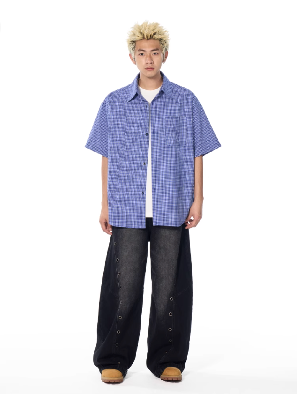 AFGK Plaid Leather Patch Short Sleeve Shirt