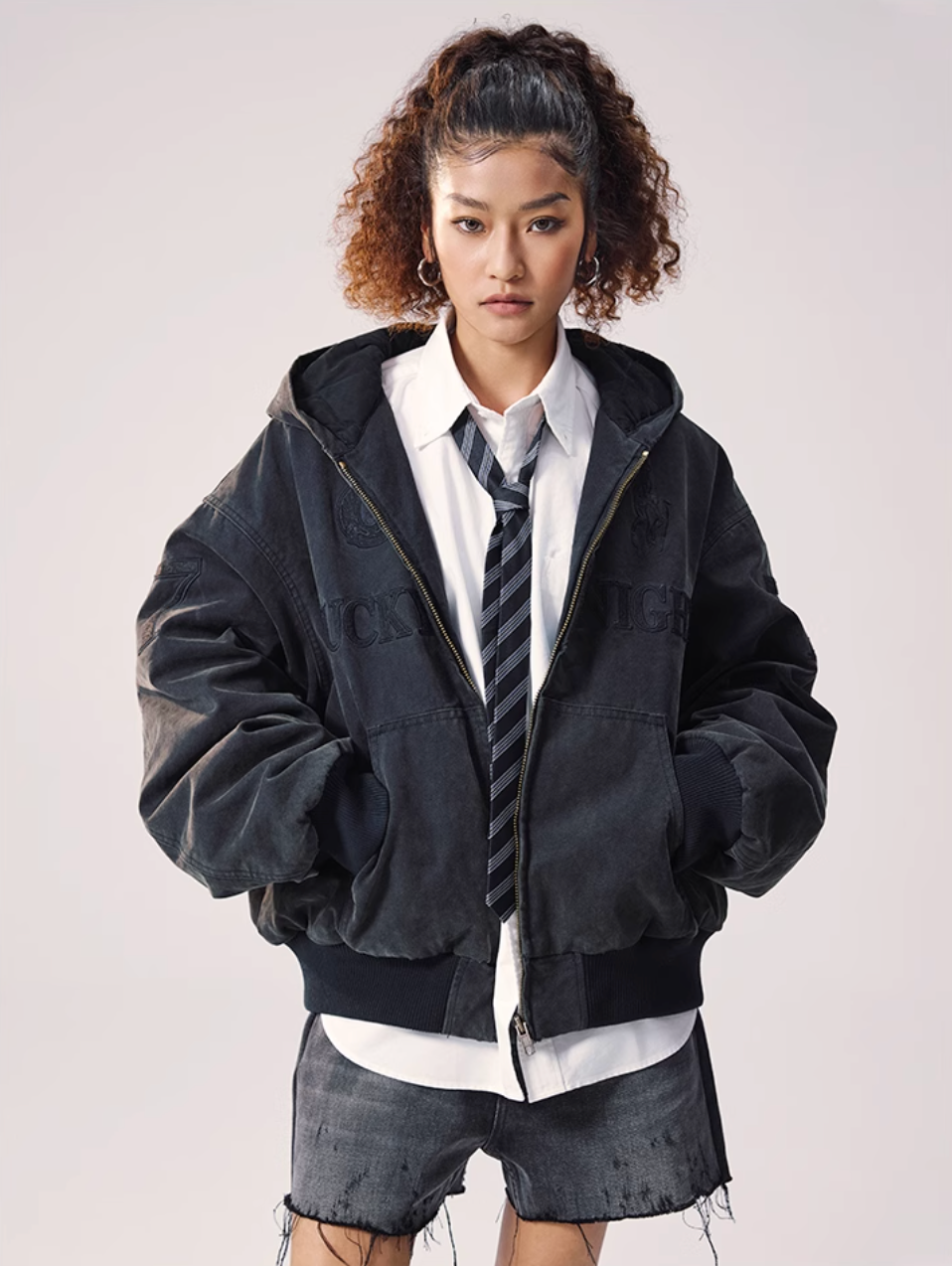Remedy Embroidered Washed Hooded Bomber Jacket