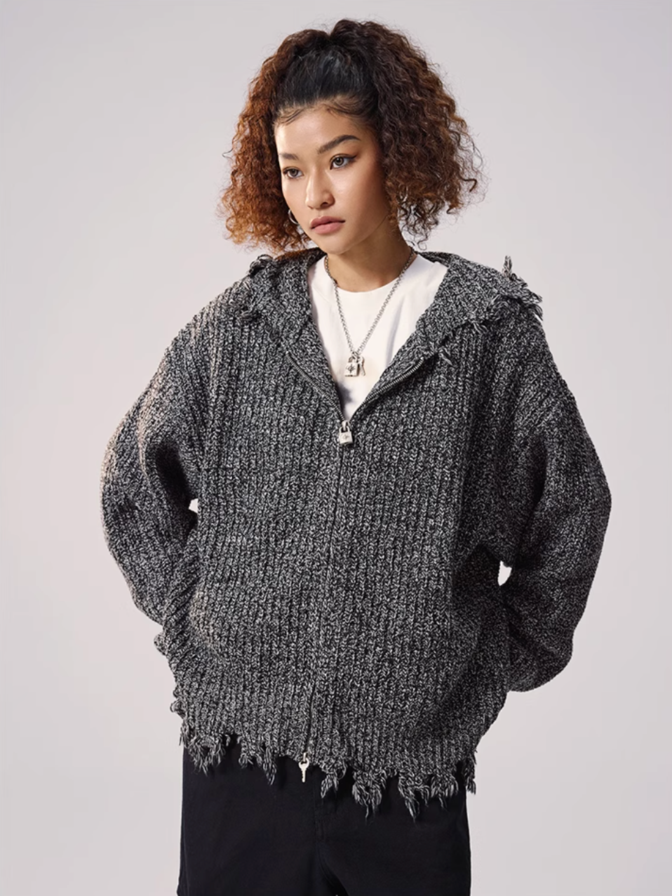 Remedy Distressed Hooded Zipper Knit Cardigan