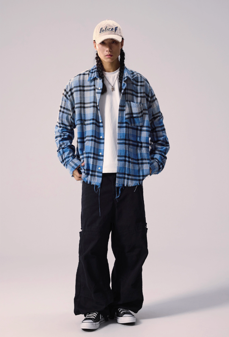Remedy Washed Gradient Plaid Cutoff Long Sleeve Shirt