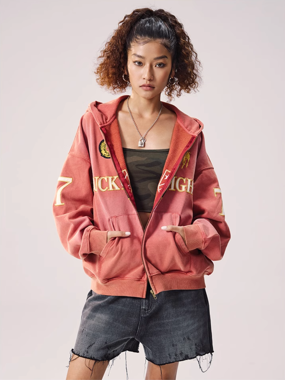 Remedy Washed Patch Embroidered Zip Up Hoodie