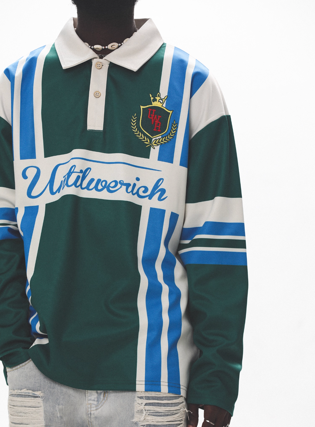 UNTILWERICH Color Blocking Striped Long Sleeve Polo Jersey