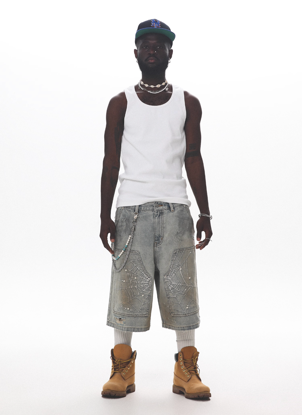 UNTILWERICH Spiderweb Embroidered Washed Distressed Denim Shorts