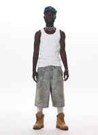 UNTILWERICH Spiderweb Embroidered Washed Distressed Denim Shorts