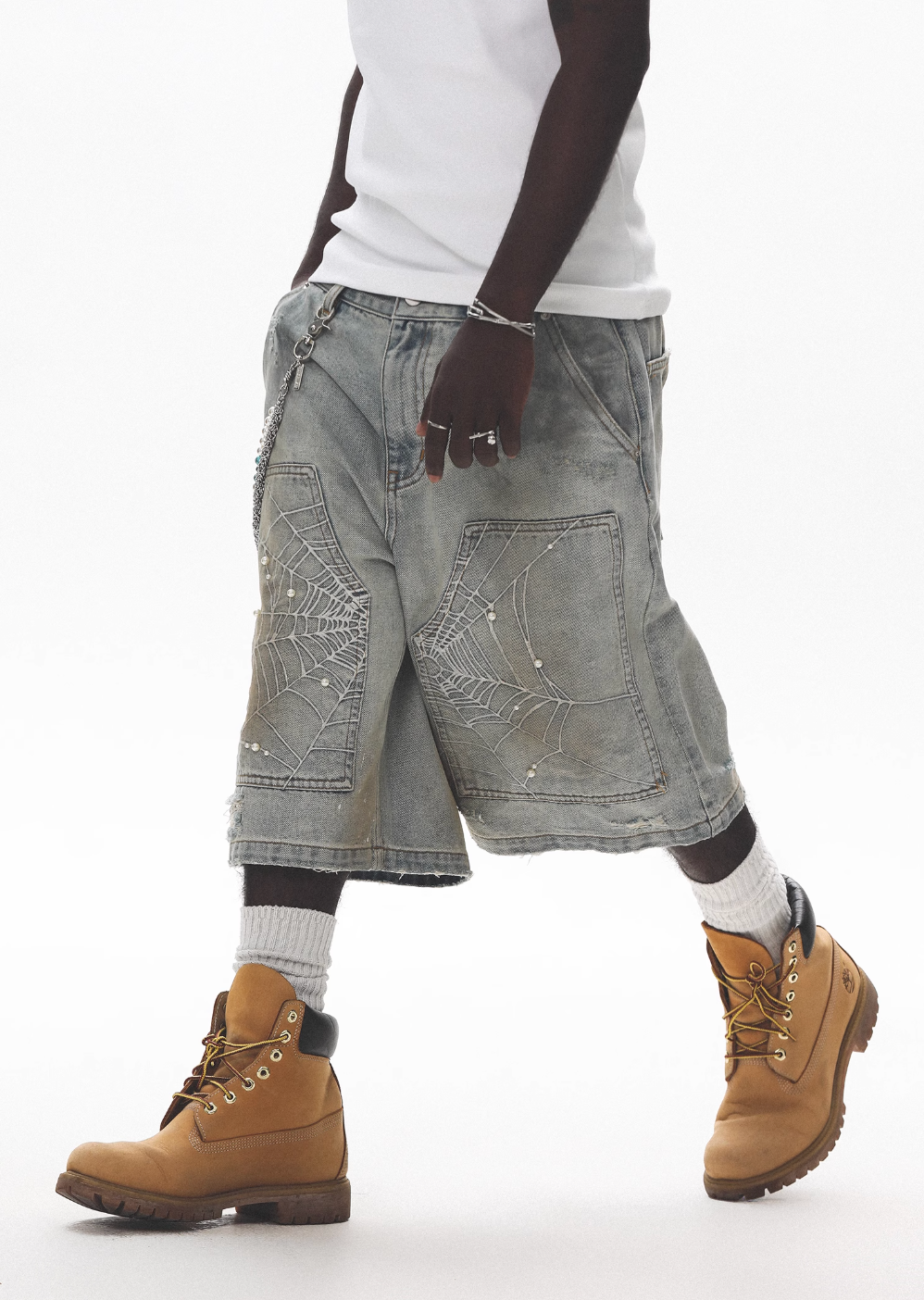 UNTILWERICH Spiderweb Embroidered Washed Distressed Denim Shorts