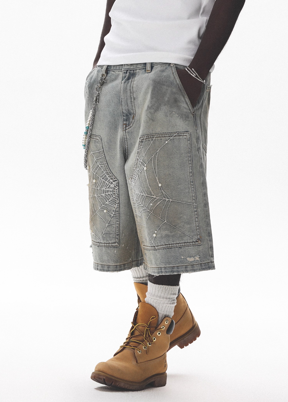 UNTILWERICH Spiderweb Embroidered Washed Distressed Denim Shorts