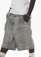 UNTILWERICH Spiderweb Embroidered Washed Distressed Denim Shorts