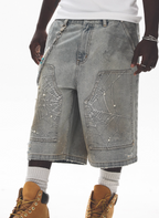 UNTILWERICH Spiderweb Embroidered Washed Distressed Denim Shorts