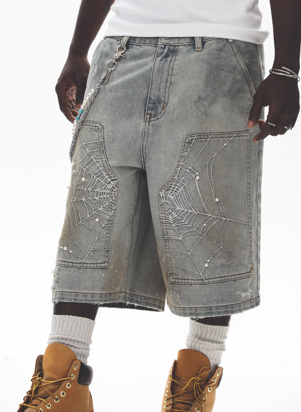 UNTILWERICH Spiderweb Embroidered Washed Distressed Denim Shorts