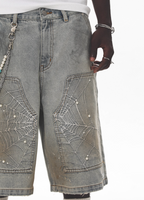 UNTILWERICH Spiderweb Embroidered Washed Distressed Denim Shorts