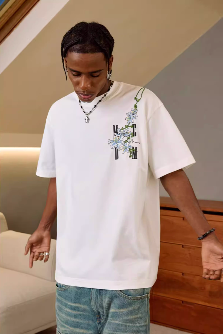 MEDM Vine Flower Embroidered Logo Tee