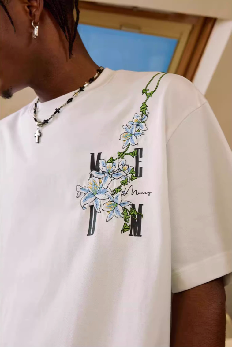 MEDM Vine Flower Embroidered Logo Tee