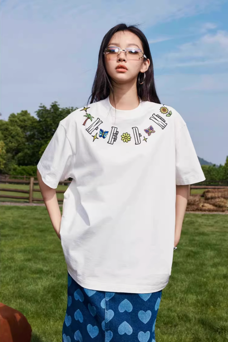MEDM Butterfly Embroidered Neckline Tee