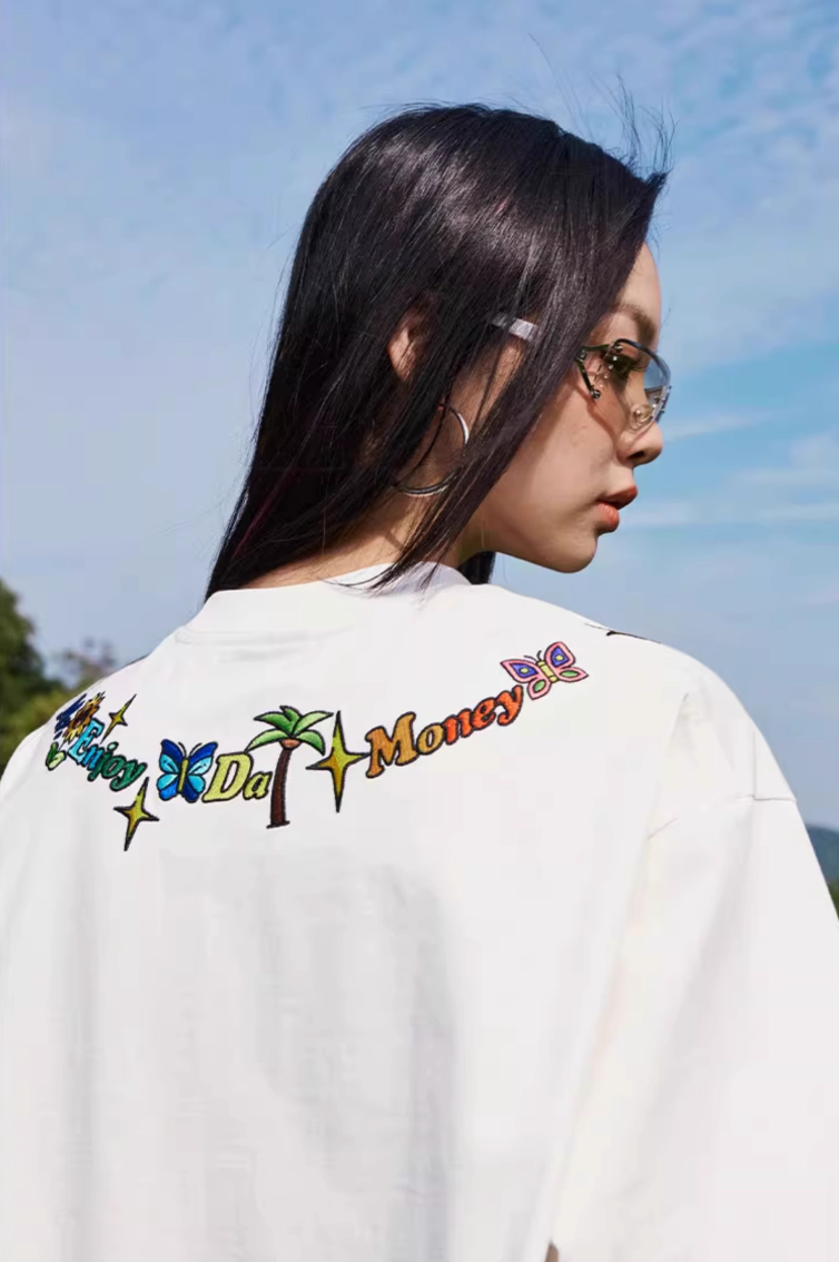 MEDM Butterfly Embroidered Neckline Tee
