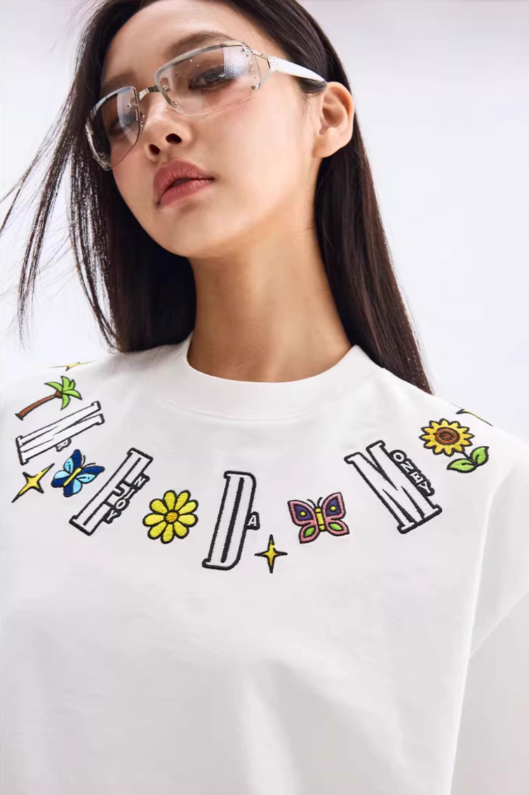 MEDM Butterfly Embroidered Neckline Tee