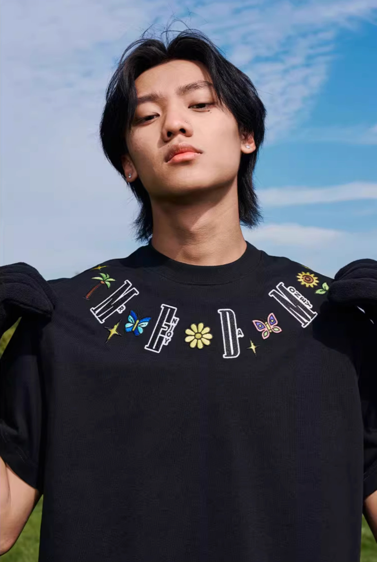 MEDM Butterfly Embroidered Neckline Tee
