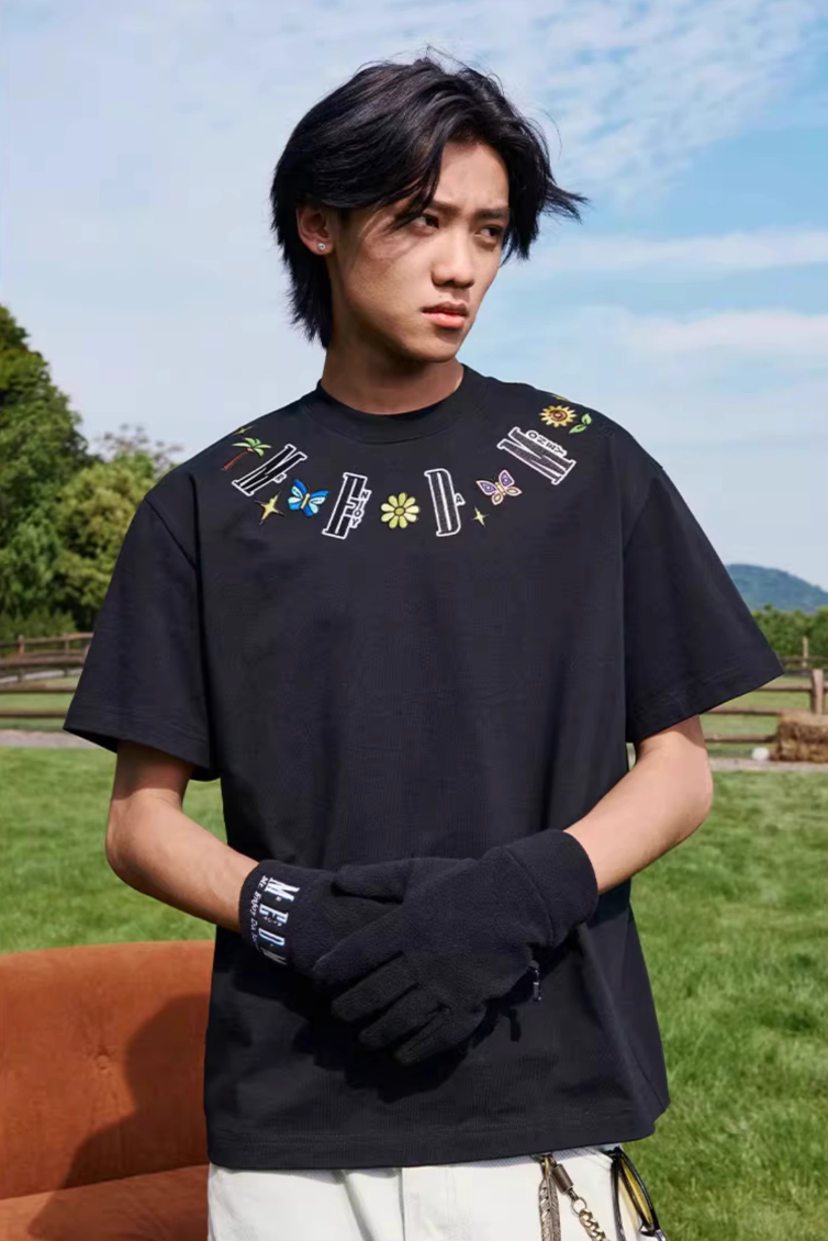 MEDM Butterfly Embroidered Neckline Tee