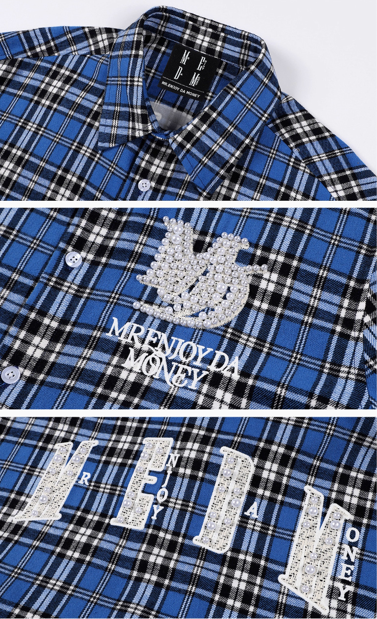 MEDM Blue Pearl Embroidery Plaid Long Sleeve Shirt
