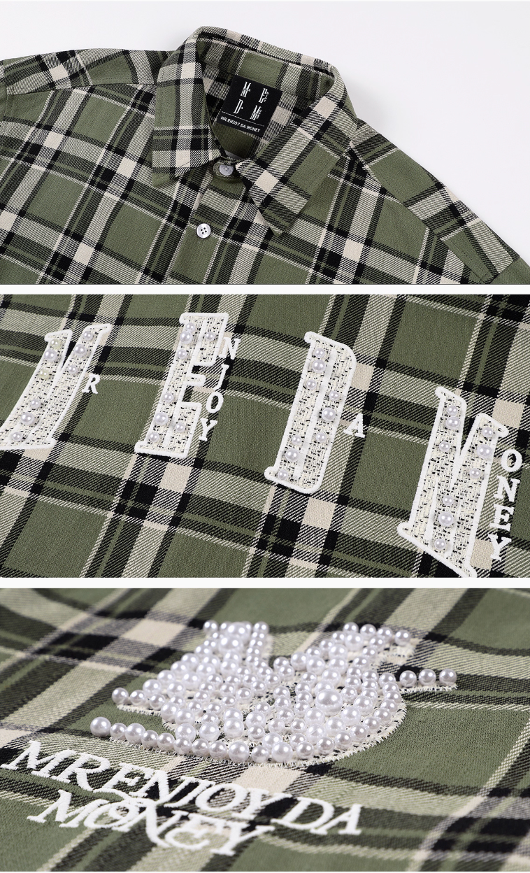MEDM Green Pearl Embroidery Plaid Long Sleeve Shirt