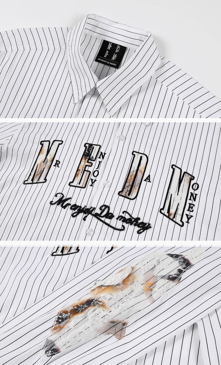 MEDM Lace Embroidered Striped Long Sleeve Shirt