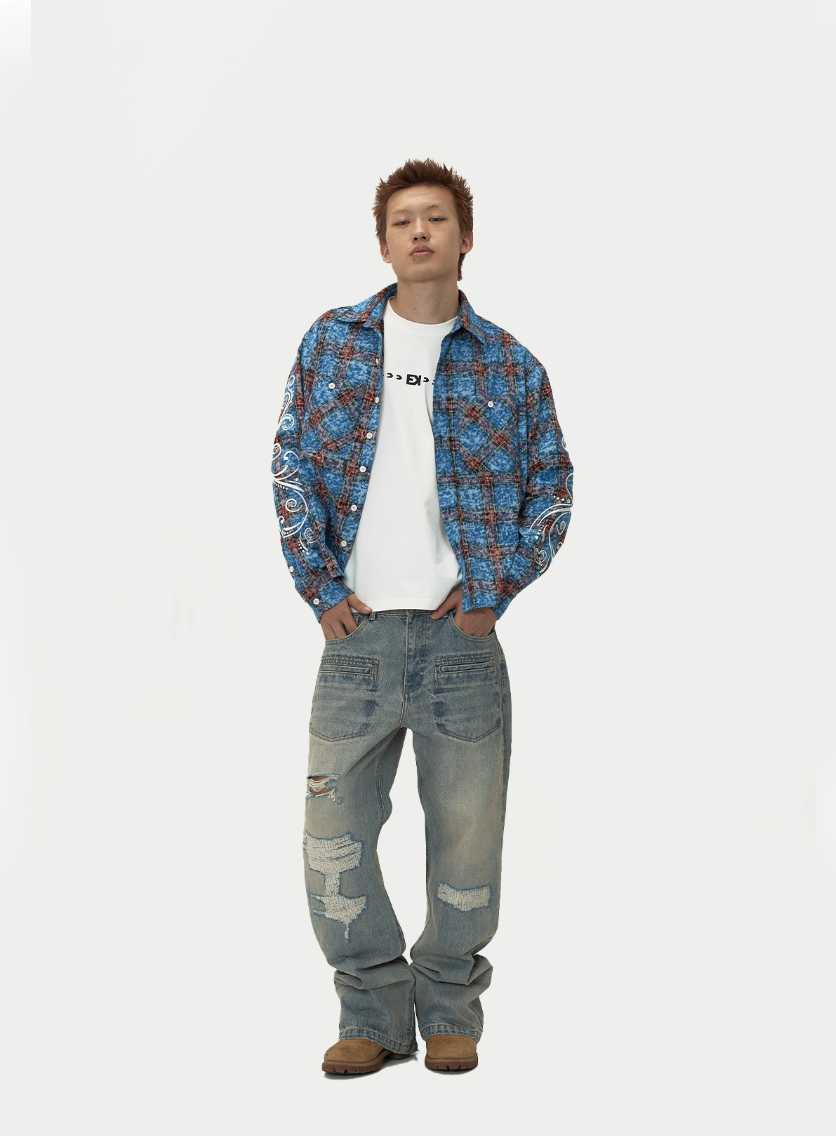 EVILKNIGHT(EK) Floral Embroidered Plaid Long Sleeve Shirt