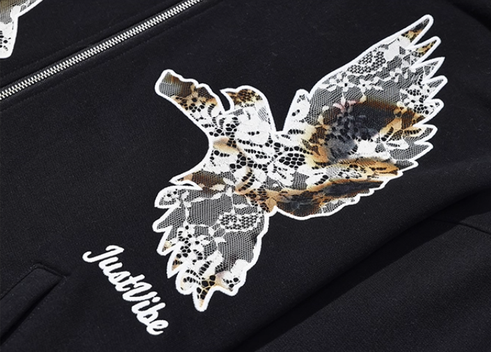 JUST VIBE Lace Peace Dove Zip Up Hoodie