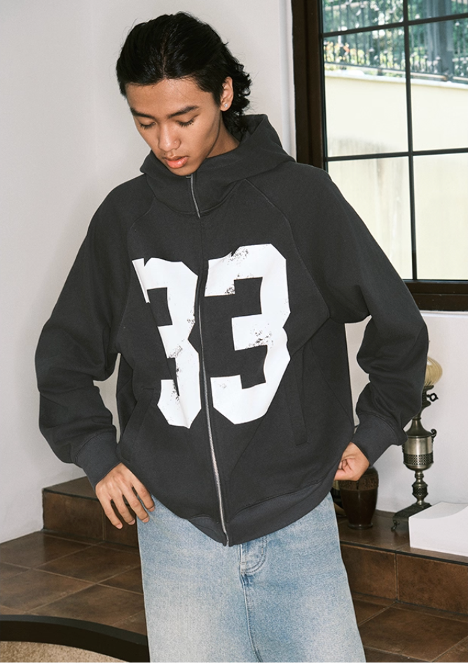 JUST VIBE Number 33 Vintage Print Zip Up Hoodie