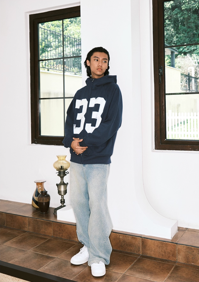 JUST VIBE Number 33 Vintage Print Zip Up Hoodie