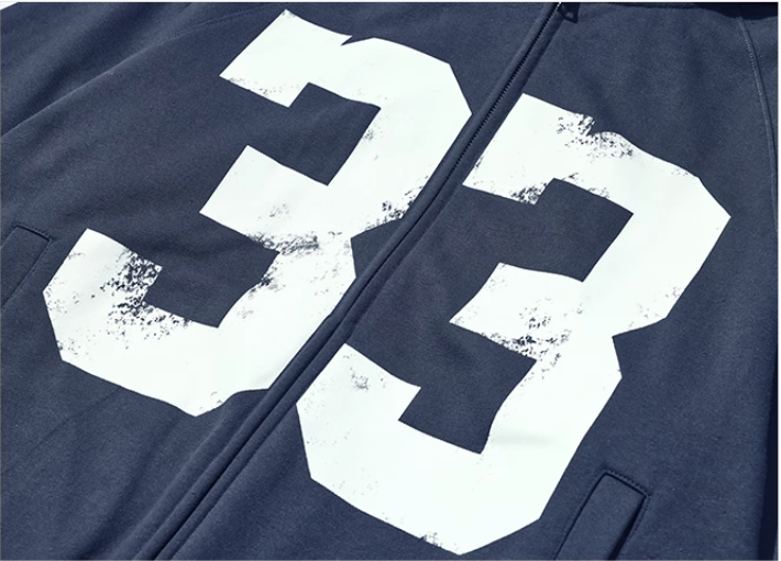 JUST VIBE Number 33 Vintage Print Zip Up Hoodie