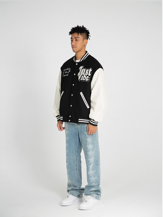 JUST VIBE Terry Embroidered Bone Logo Varsity Jacket