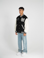 JUST VIBE Terry Embroidered Bone Logo Varsity Jacket