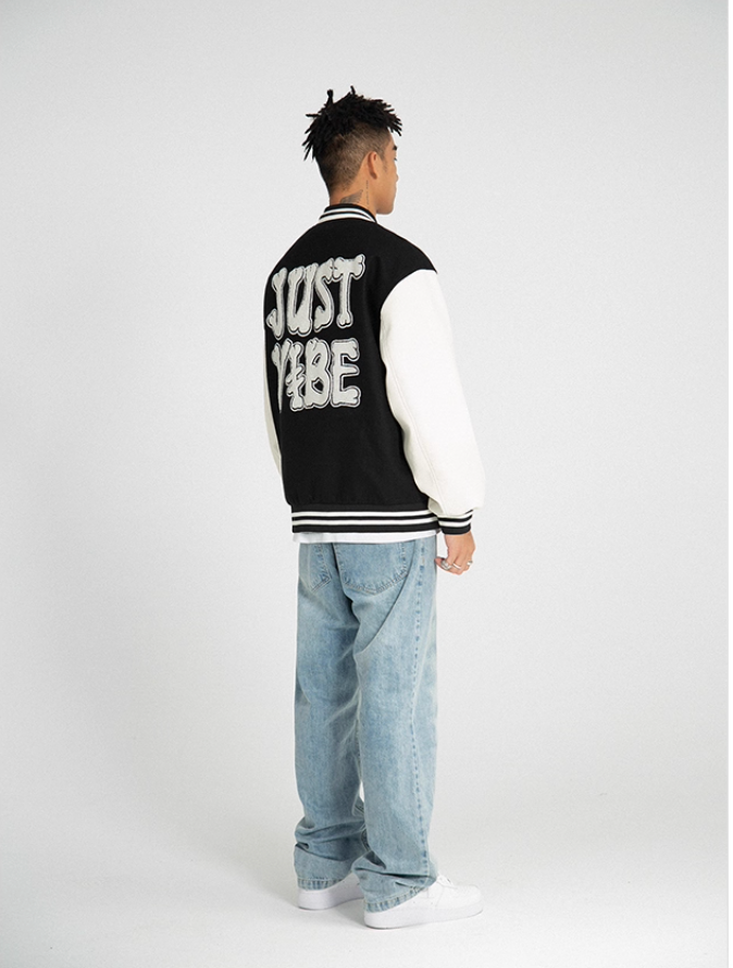 JUST VIBE Terry Embroidered Bone Logo Varsity Jacket