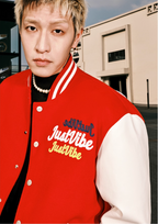 JUST VIBE Terry Multicolor Logo PU Leather Varsity Jacket