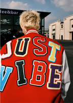 JUST VIBE Terry Multicolor Logo PU Leather Varsity Jacket