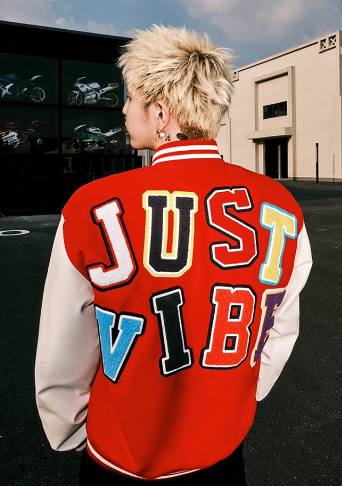 JUST VIBE Terry Multicolor Logo PU Leather Varsity Jacket
