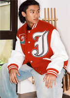 JUST VIBE Terry Big JV Logo PU Leather Varsity Jacket