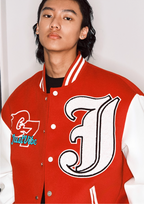 JUST VIBE Terry Big JV Logo PU Leather Varsity Jacket